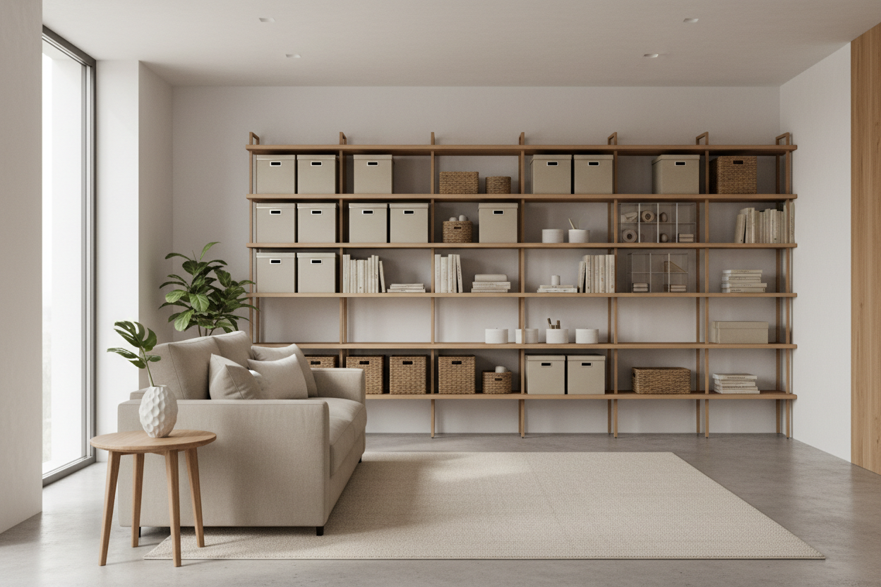 Minimal modern home interior, beige and white tones, natural light, 
clean organized living space, scandinavian style, muji aesthetic, 
modern condo, soft shadows, calm atmosphere, realistic photography, 
premium lifestyle, home organization products visible, ultra high quality